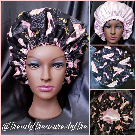 Black & Pink Shoes New York/Paris Satin Lined Bonnet with Pink Satin Lining
