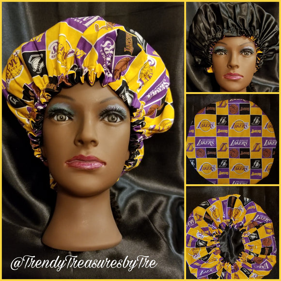 Los Angeles Lakers NBA Yellow, Purple and Black Satin Lined Bonnet