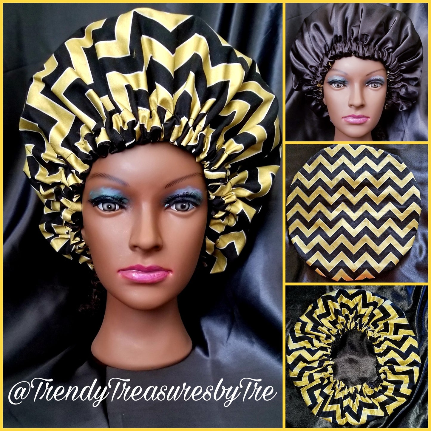 Metallic Black & Gold Chevron Satin Lined Bonnet with Black Satin Lining