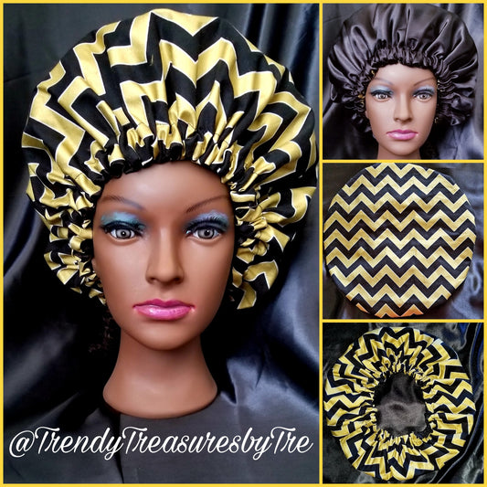 Metallic Black & Gold Chevron Satin Lined Bonnet with Black Satin Lining