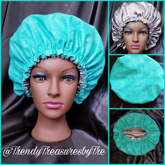 Metallic Silver & Green Satin Lined Bonnet with Silver Lining
