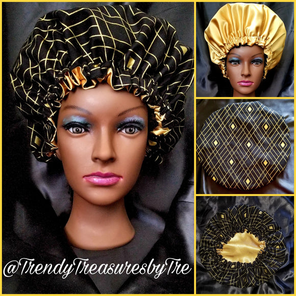 Metallic Black Gold Triangles Satin Lined Bonnet with Gold Lining