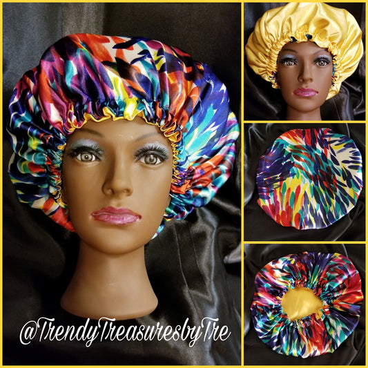 Colorful Ombre Red, Yellow, Green Blue Reversible Satin Bonnet