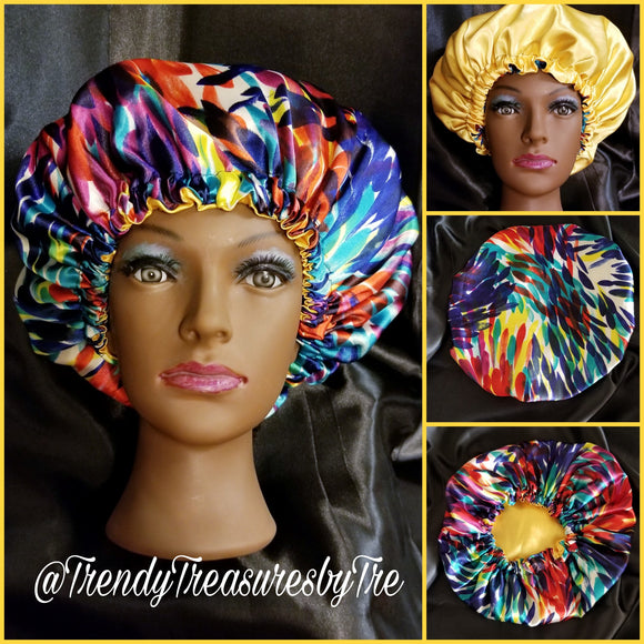 Colorful Ombre Red, Yellow, Green Blue Reversible Satin Bonnet
