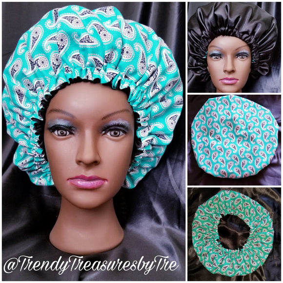 Paisley Green, Blue, Black White Satin Lined Bonnet with Black Satin Lining