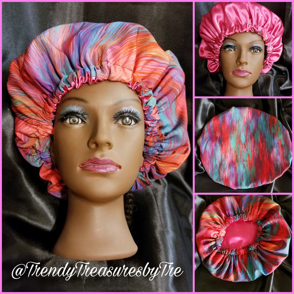Zig Zag Colorful Green, Red, Pink Reversible Satin Bonnet
