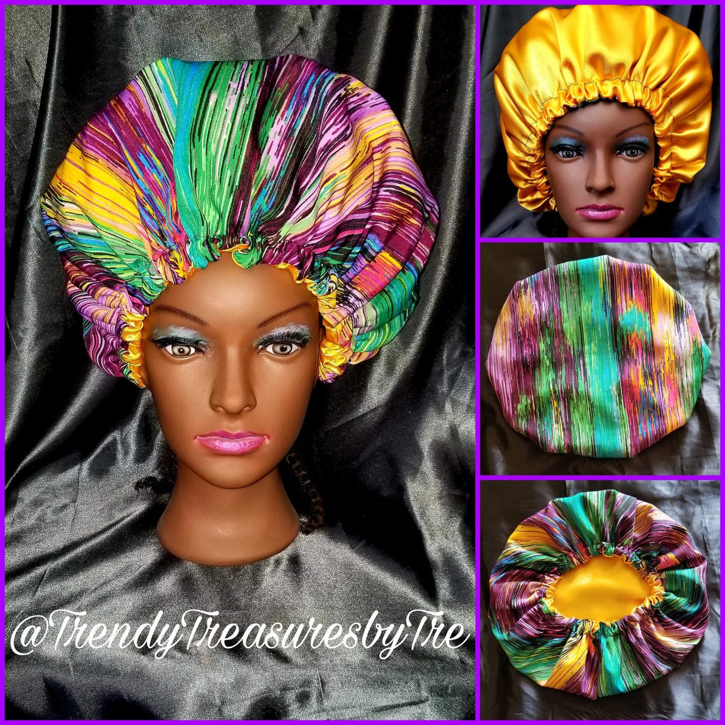 Zig-Zag Green, Purple & Yellow Reversible Satin Bonnet with Yellow Satin Lining