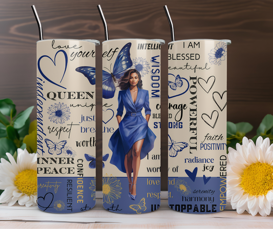 Black Girl Magic Affirmations Blue and Beige Butterfly 20oz Stainless Steel Tumbler