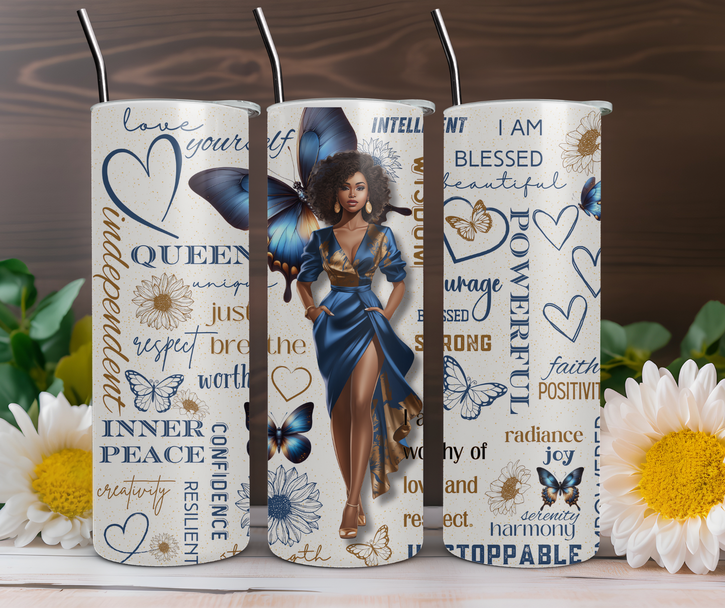 Black Girl Magic Affirmations White Blue Butterfly 20oz Stainless Steel Tumbler