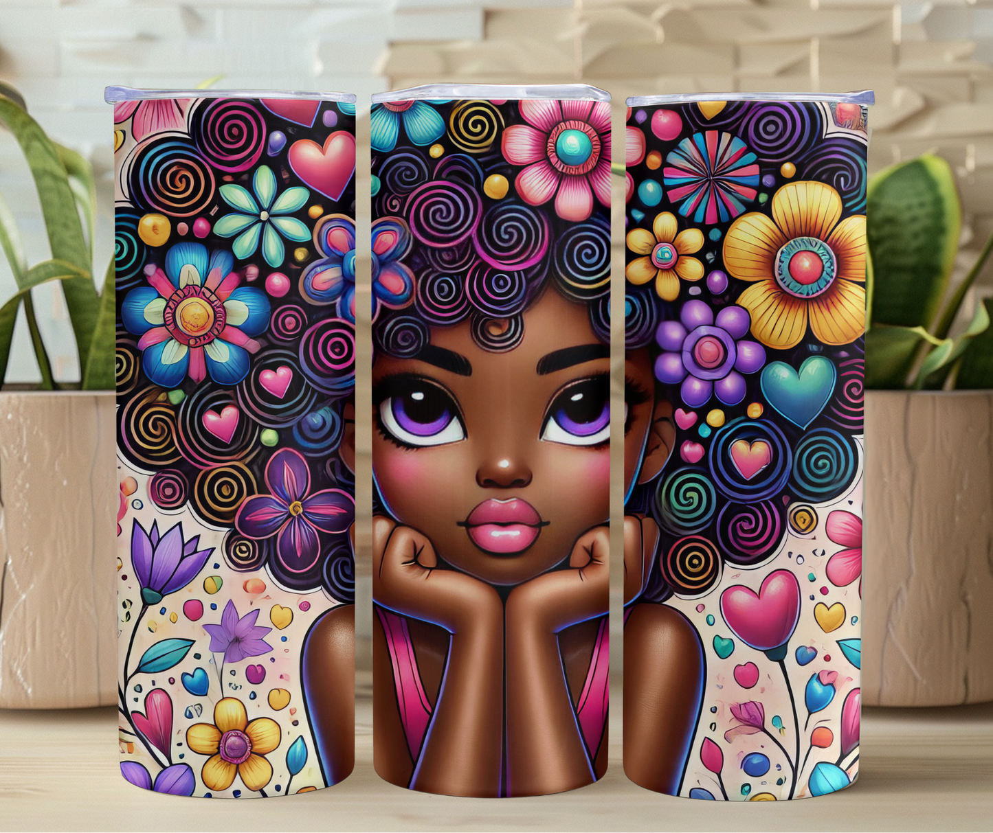 Beautiful Colorful Flower Hair Brown Girl 20oz Stainless Steel Tumbler