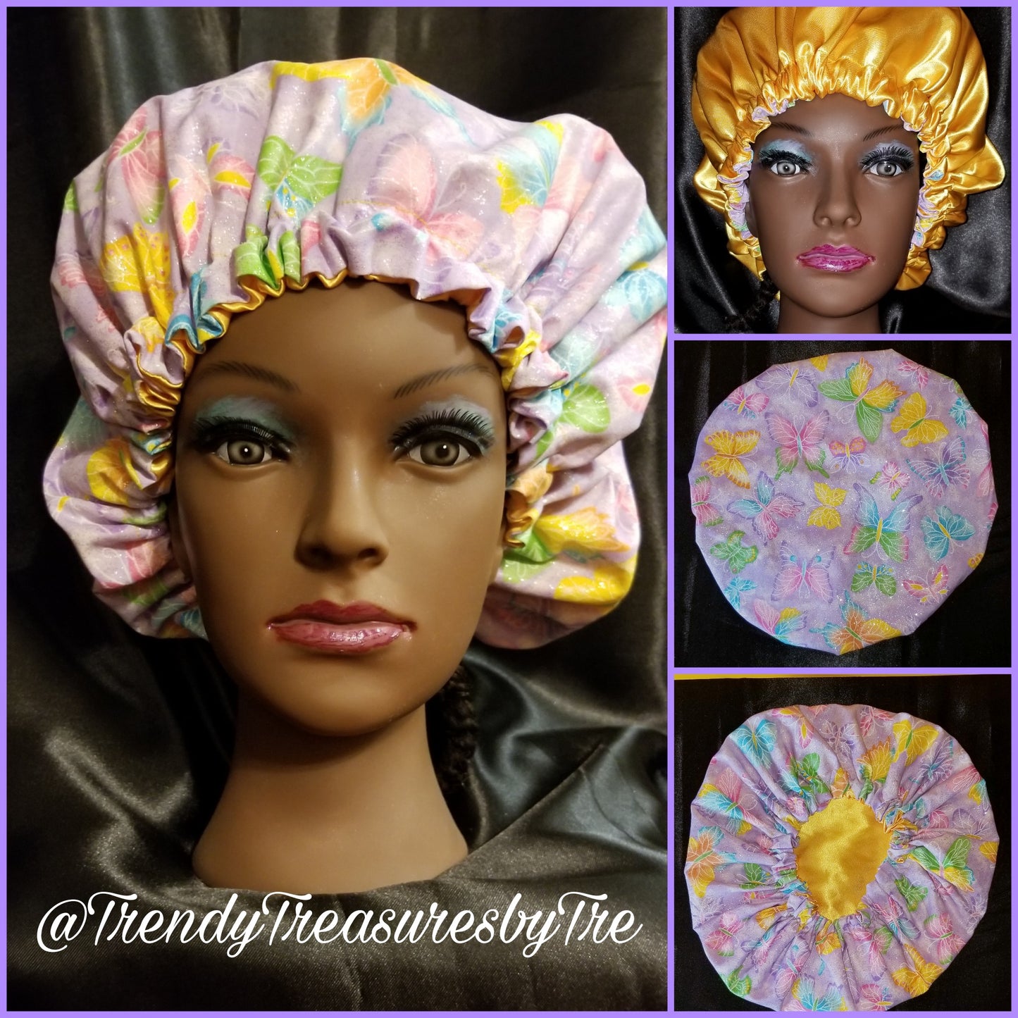 Purple Bonnet, Colorful Metallic Butterflies Satin Lined Bonnet