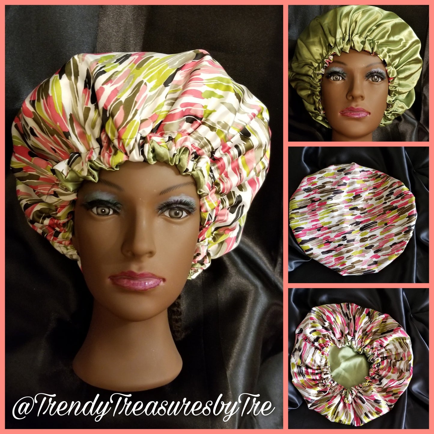 Color Splash - White, Pink, Green Brown Reversible Satin Bonnet