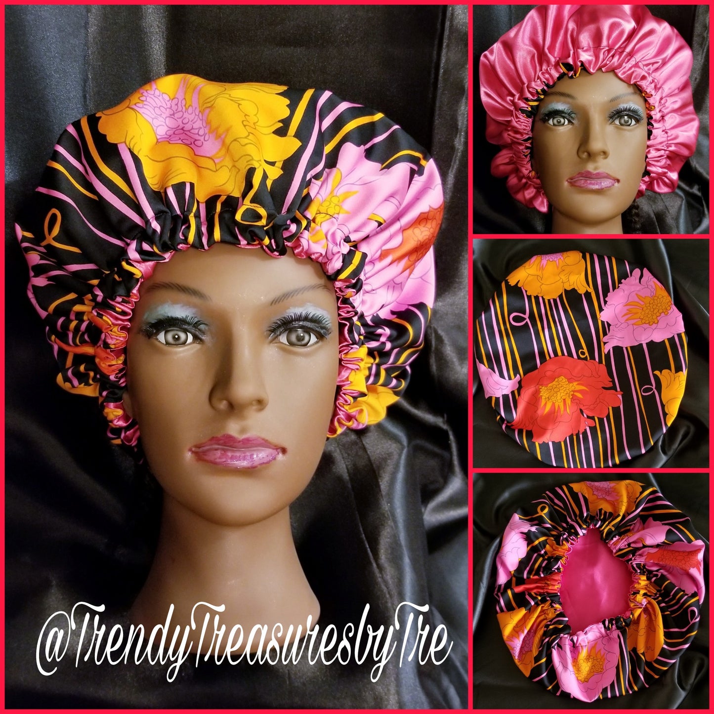 Multi-Color Floral Black Satin Lined Bonnet