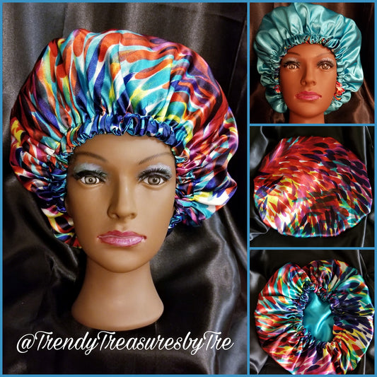 Colorful Ombre Red, Yellow, Green Blue Reversible Satin Bonnet