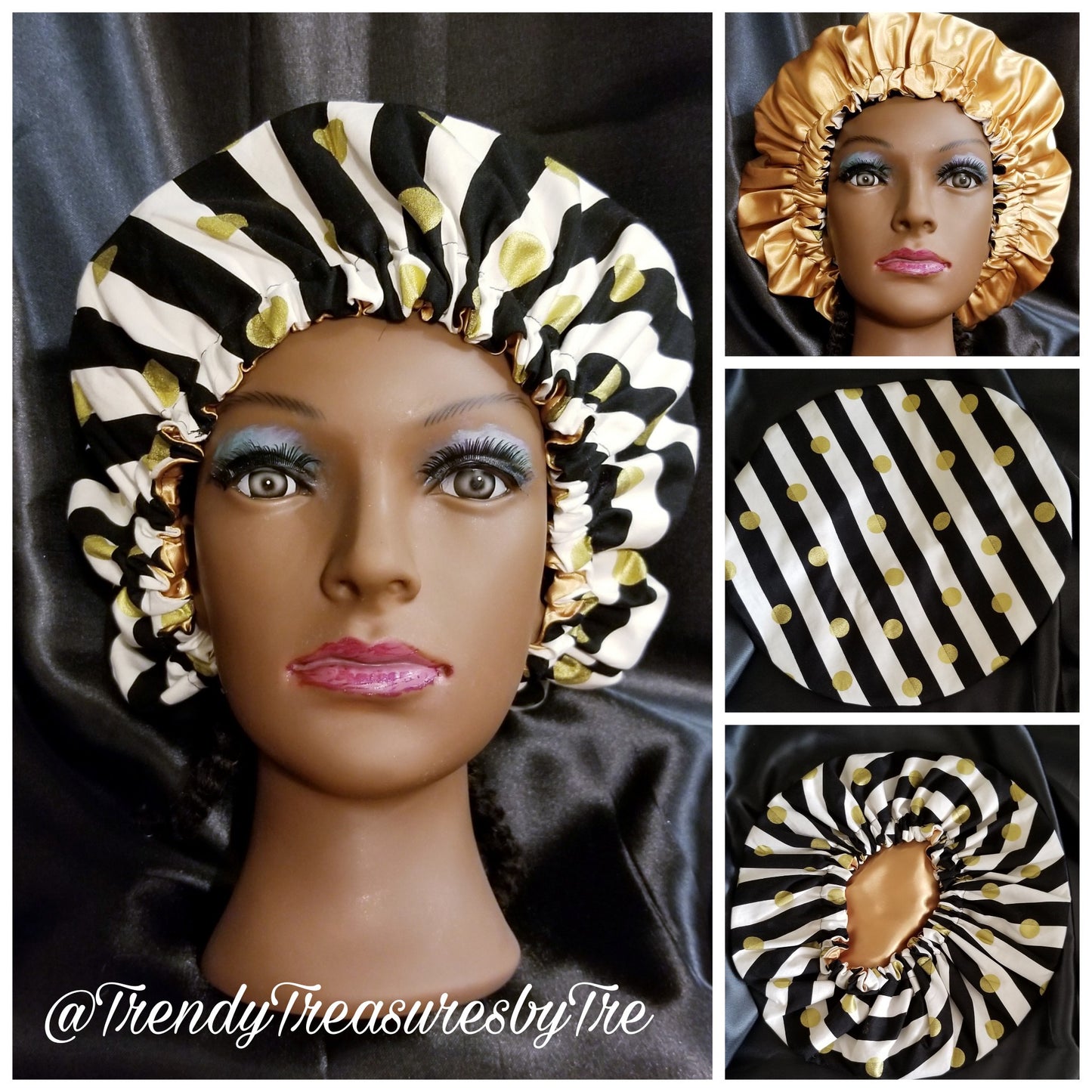 White Bonnet, Black Stripes Gold Polka Dots Satin Lined Bonnet